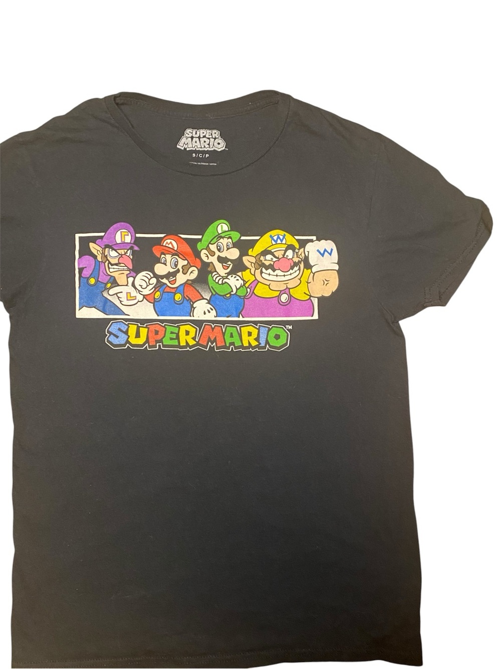 Super Mario Black Graphic T-Shirt with Super Mario Characters. Adult Small
